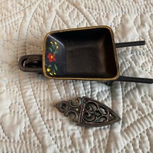 Vintage cast iron miniature wheelbarrow and clothing iron dollhouse furniture